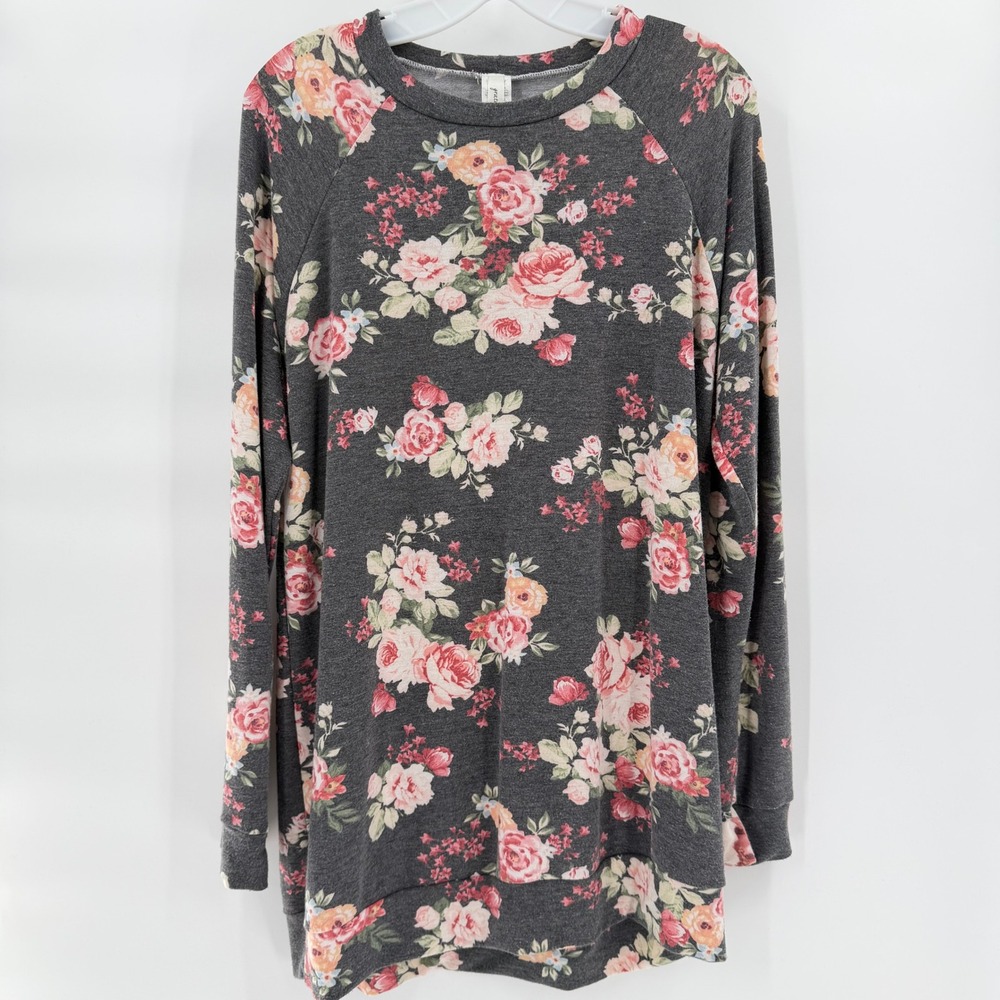 GRATEFUL HEARTS Floral Raglan Sweatshirt Gray Pink Rose Print Pullover Top Large
